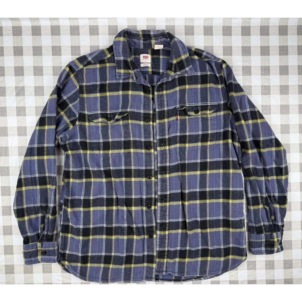 Levi's Plaid Flannel Shirt Large Blue Yellow Grunge Skate Workwear